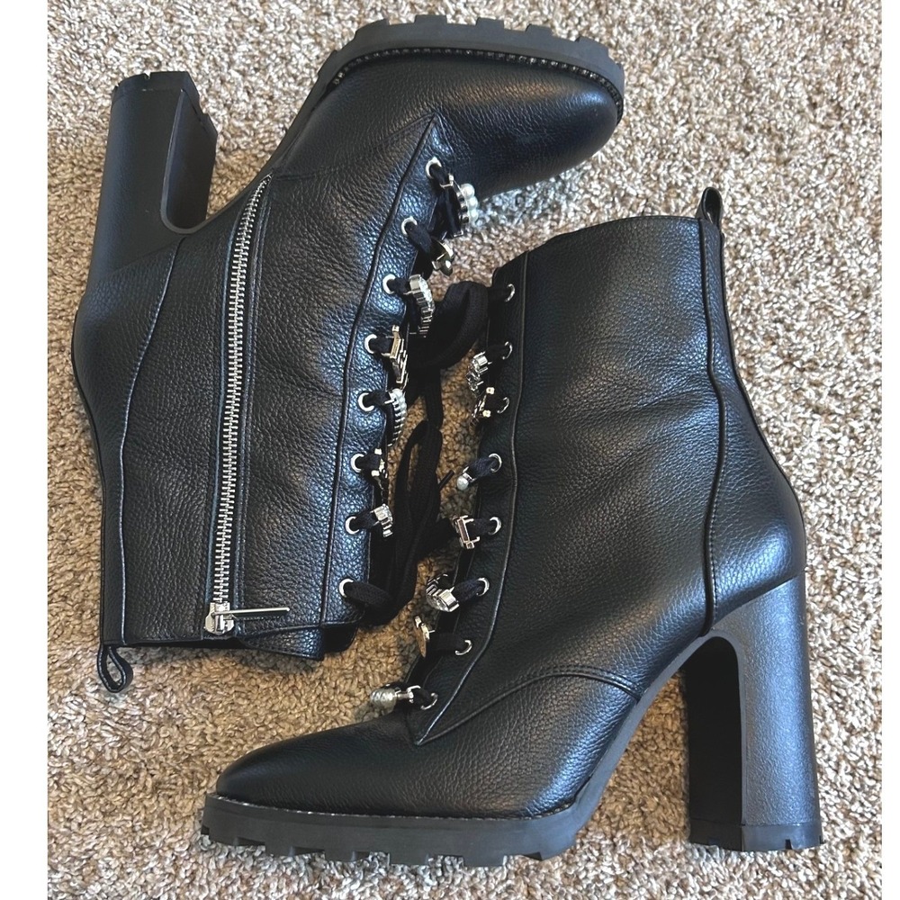 Karl Lagerfeld Paris Moto Black Leather Embellished Block Heel Combat Boots 8.5 - Picture 4 of 8